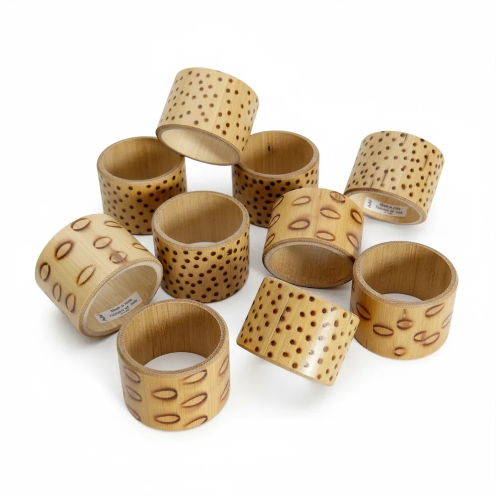 Rustic Tortoise Bamboo Style Napkin Rings - Dotted Natural Wood Tropical Table